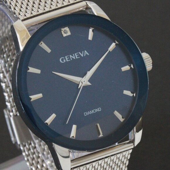 Geneva Men's Dress Watch Diamond At 12 Blue Dial Milanese Bracelet 42mm - Picture 8 of 13